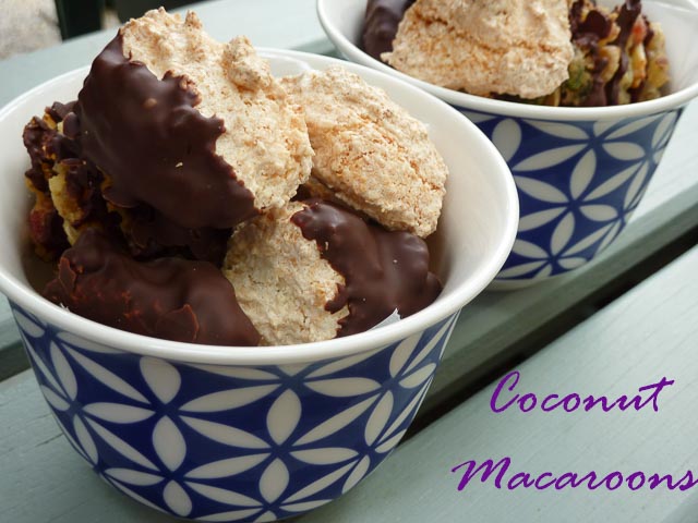 Bowl of chocolate dipped coconut macaroons