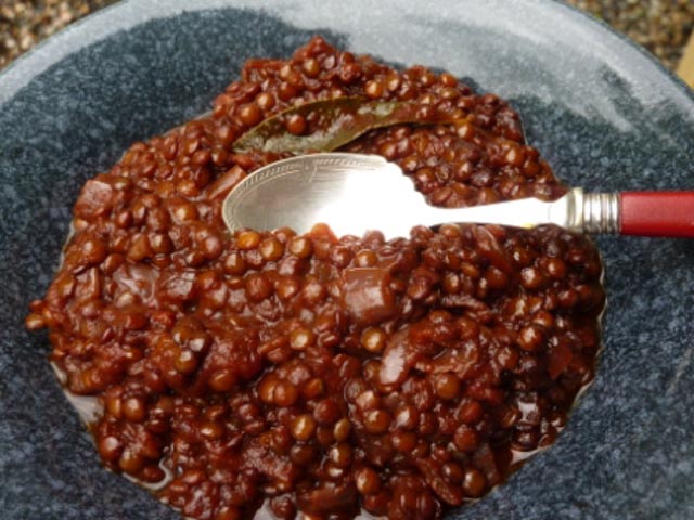 A bowl of tomato based Richly Braised Lentils with a decorative silver spoon sitting it it.