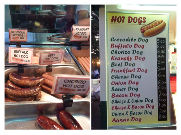 a huge variety of hot dogs on sale at Mindil Beach