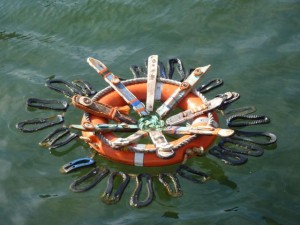 Fremantle Art Adrift art installation floating on water in dock area