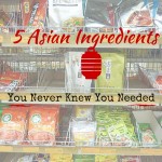 Asian supermarket shelf with brightly coloured packets of food