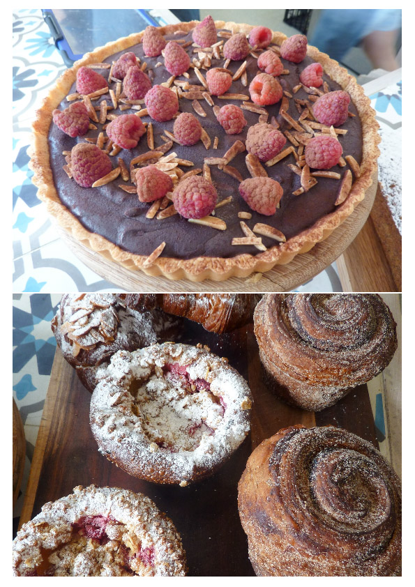 Chocolate tart with fresh raspeberries & fresh baked pastries