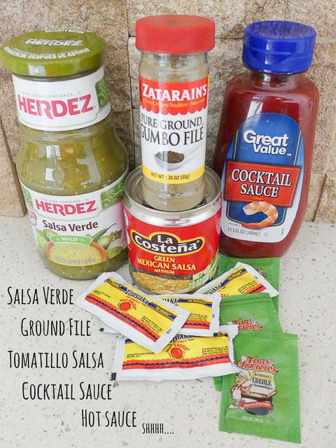 groceries including salsa verde, file powder and cocktail sauce