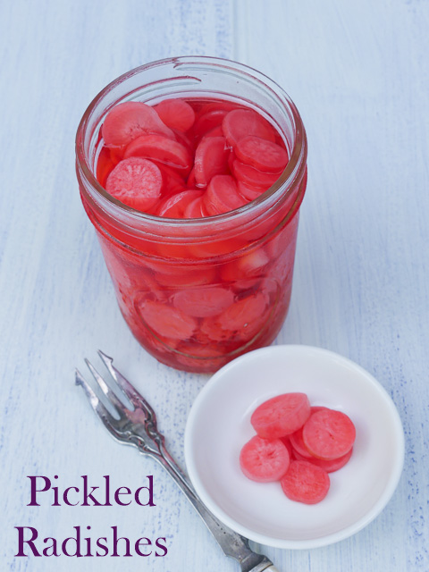 jar od sliced picked radishes with a few pickled radishes in a dish