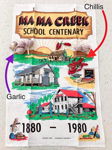 decorative tea towel from Ma Ma Creek School with anniversary date 1180 to 1980