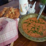 Large bowl of Gazpacho soup with pasrsley scattered on top