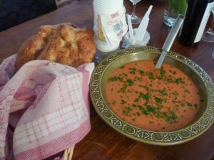 Large bowl of Gazpacho soup with pasrsley scattered on top