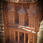 Elevated view of carved stone monument 'The Treasury' in Petra, Jordan