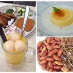 Satay sticks with peanut sauce, lychee drink, sago pudding with palm sugar drizzle, peanuts and dried anchovies known as 'kan bilis'