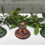 Bays Leaves and highly patterened Moroccan Pottery in green and pink