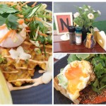 Breakfast dishes including eggs on avocado toast and corn fritters with poached eggs and zesty salad
