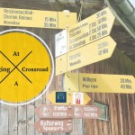 Footpath signs in Switzerland pointing in various directions to various sights