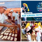 Three scenes from Brisbane's Paniyiri festival including haloumi cheese cooking on the grill and local children dancing in traditional Greek costumes