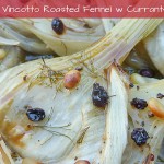 Thinly sliced fennel bulb scattered with currants & pine nuts and drizzled with vinvotto